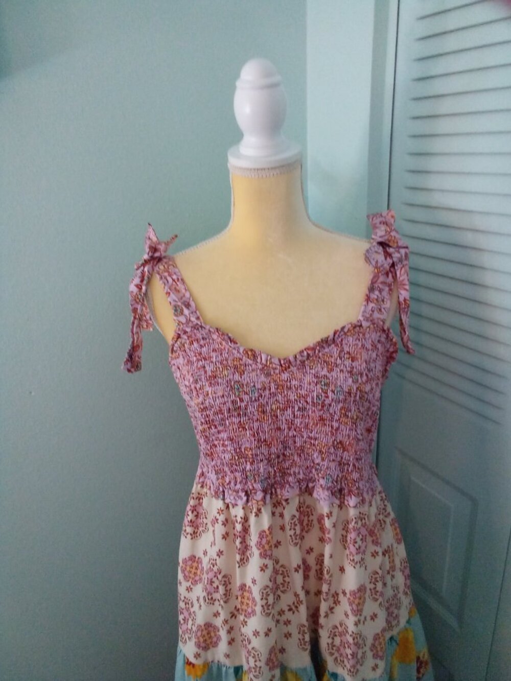 NANETTE LEPORE PLAY 100% COTTON LRG TIERED MAXI SMOCKED ADJ STRAPS FLORAL BOWS - Picture 6 of 11